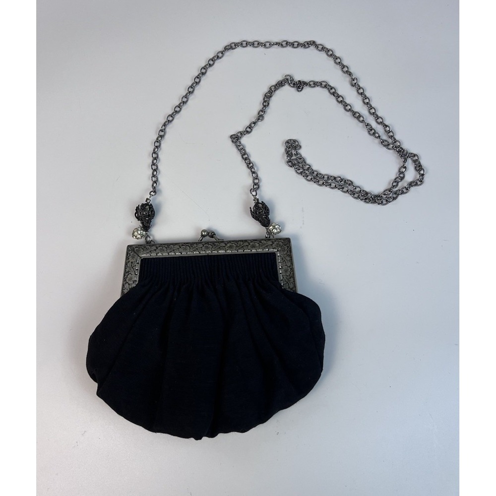 Vintage Caryn Srage Black Evening Bag Purse Ornate Metal Frame Rhinestone Chain